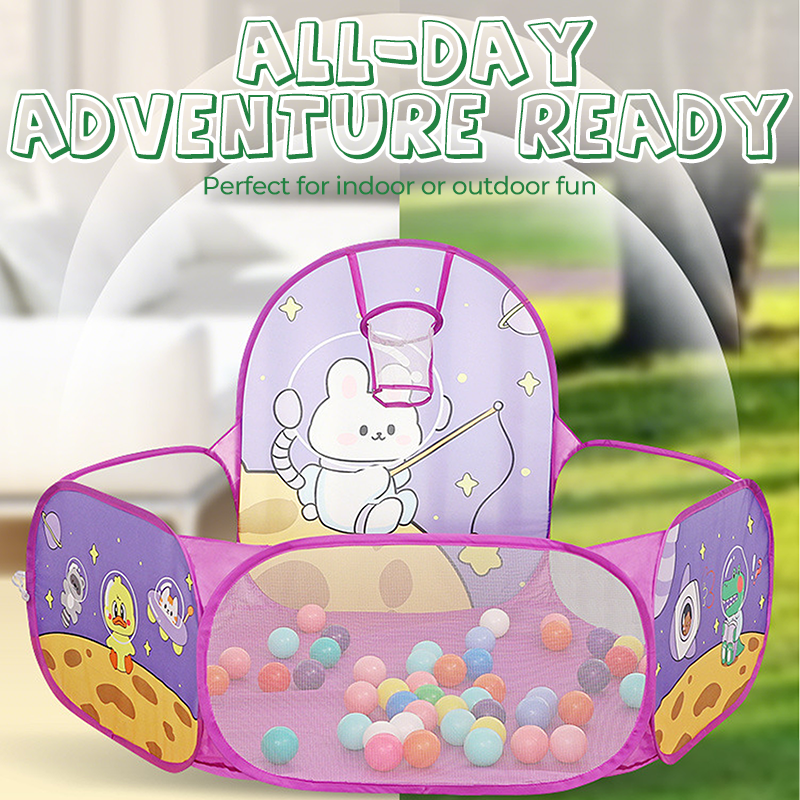 Foldable Arenzza children’s ball pool with basketball hoop, colorful play area for kids, easy to set up and store.
