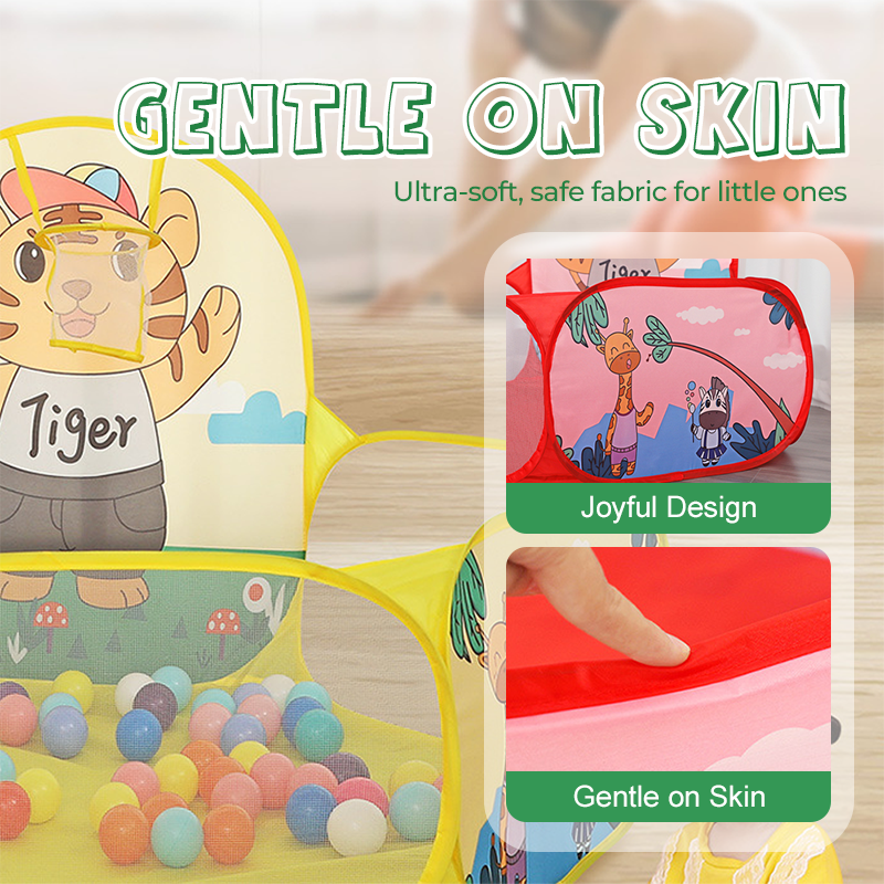 Foldable Arenzza children's ball pool with basketball hoop for kids, featuring colorful soft sides and a sturdy frame.