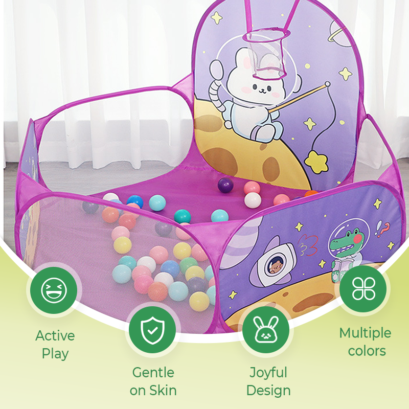 Foldable Arenzza children's ball pool with basketball hoop, colorful plastic toy for kids' play and active fun.