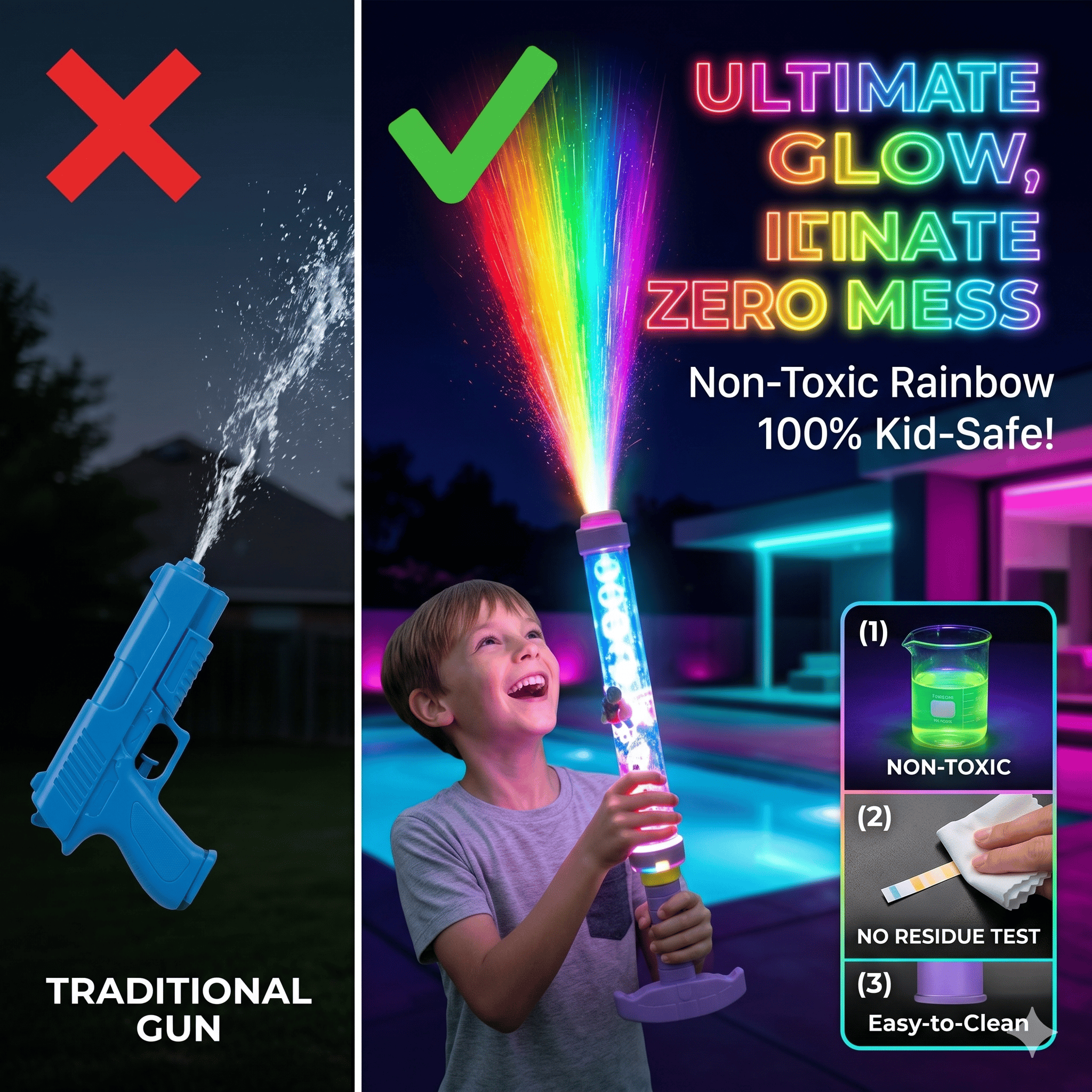 Bright rainbow LED water pistol by Arenzza with colorful lights, perfect for summer outdoor fun and water play for kids.