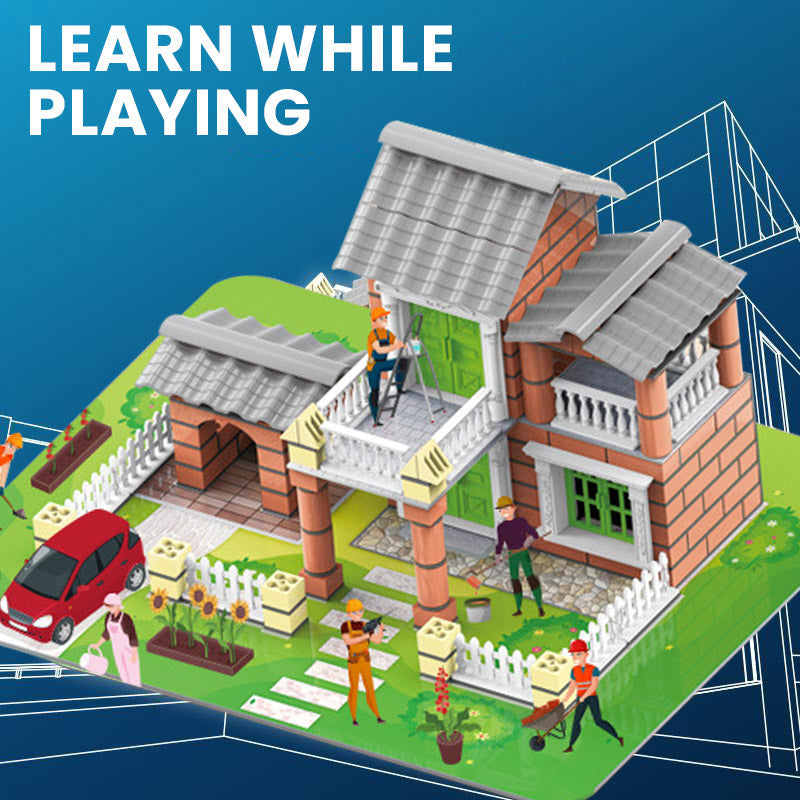 Arenzza 214-piece DIY simulation building toy set for kids with colorful interlocking bricks and various construction accessories.