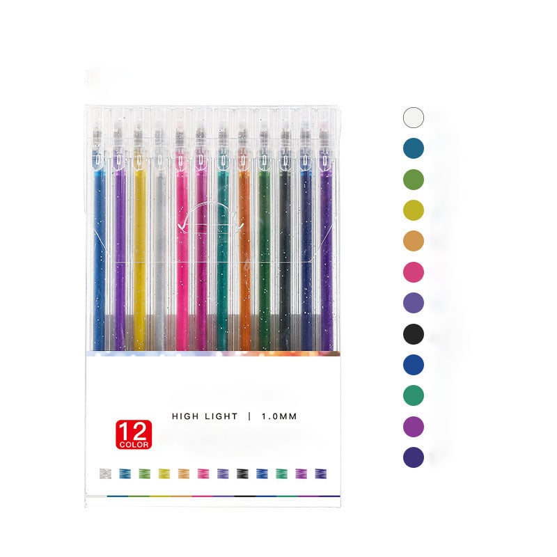 A set of Arenzza glitter gel pens featuring 10 vibrant colors with smooth writing and quick-dry ink, ideal for kids and gifts.
