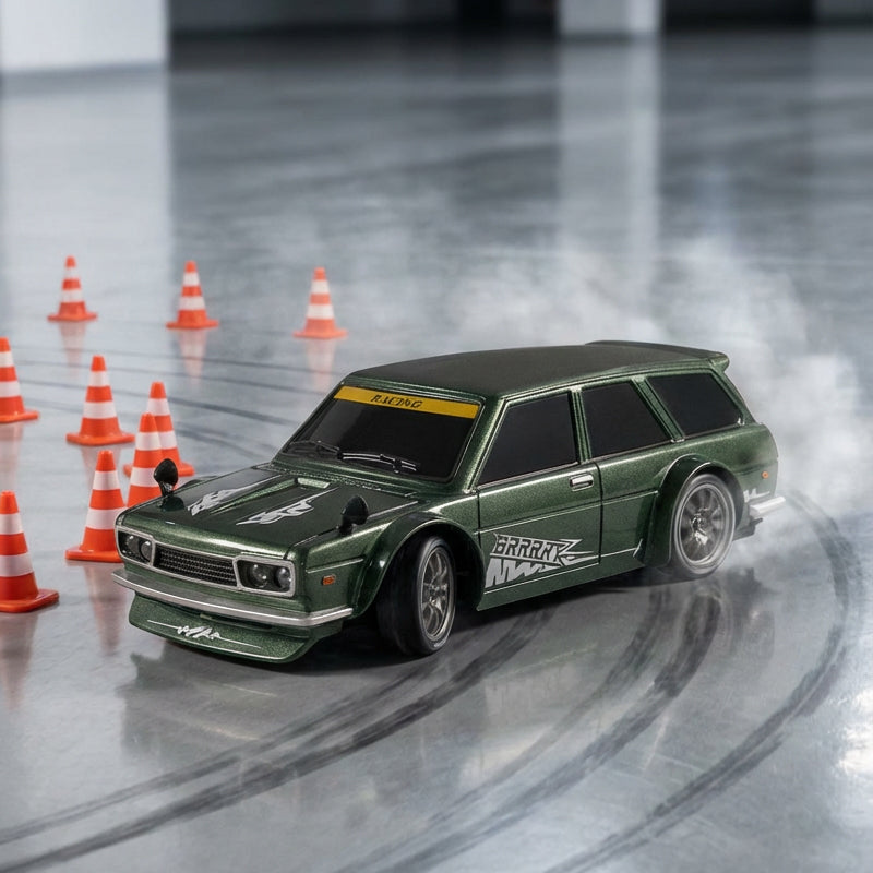 Arenzza 1:24 scale RC drift car with LED lights, showcasing sleek design and illuminated details on a smooth surface.