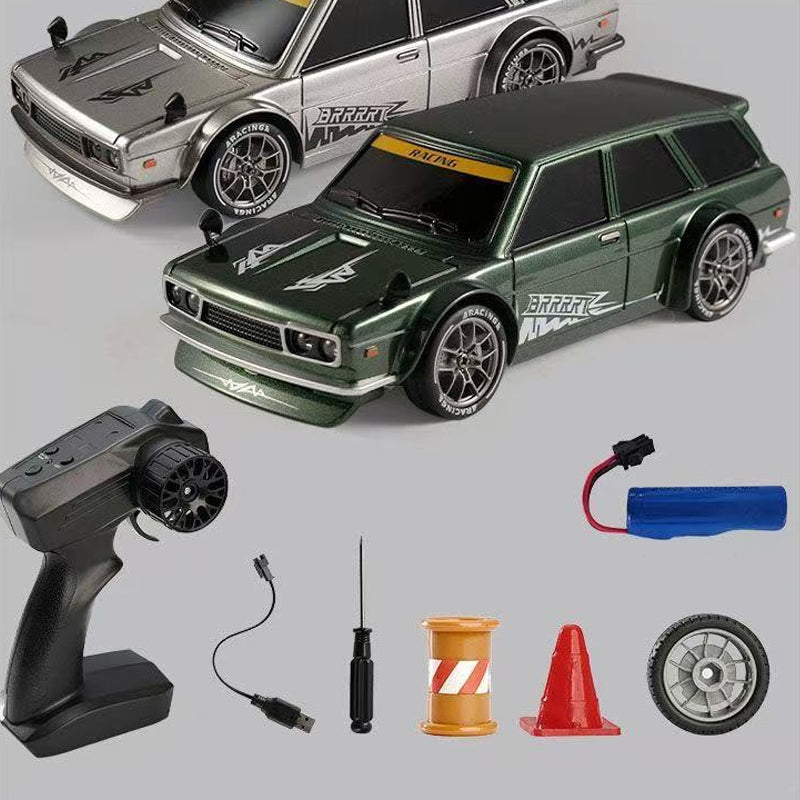 Arenzza 1:24 scale RC drift car with LED lights, detailed toy car for kids, featuring racing design and illuminated accents.