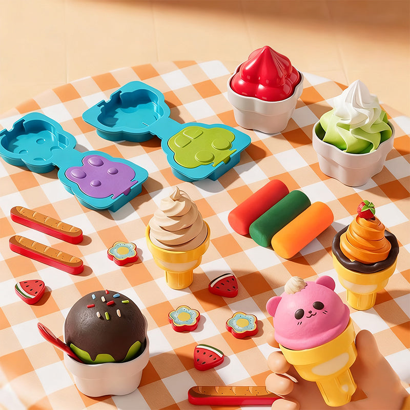 Arenzza DIY ice cream play dough set for kids featuring colorful play dough containers and various accessories for creative role play.