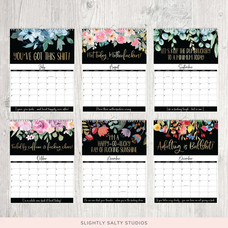 Aarenza 2025 calendar featuring humorous design for women, showcasing colorful pages and playful illustrations.
