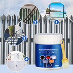 Arenzza weatherproof rust converter paint for metal, shown in a container with metal surface in the background.