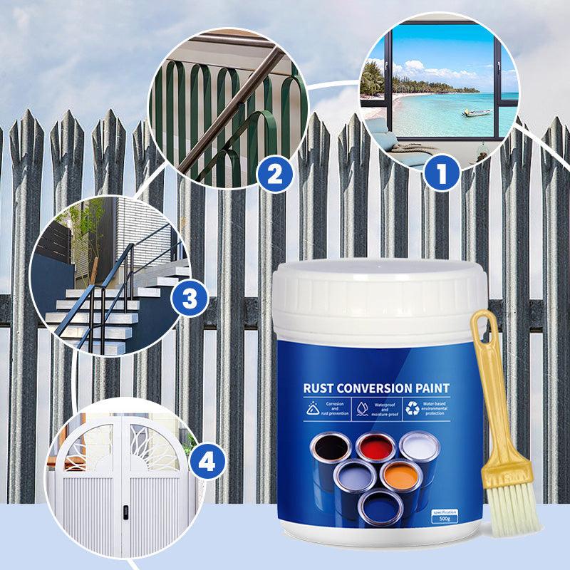 Arenzza weatherproof rust converter paint for metal, shown in a container with metal surface in the background.