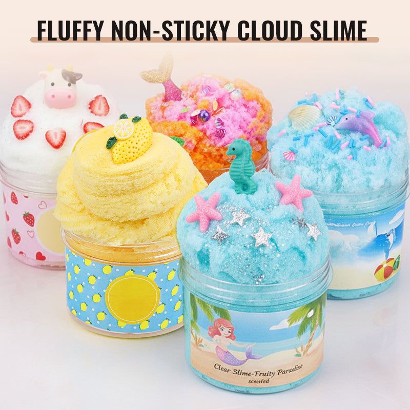 Arenzza fluffy cloud slime with cute charms, soft and stretchy toy for kids, featuring a non-sticky, cloud-like texture with colorful charms.