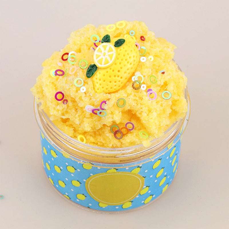 Arenzza fluffy cloud slime with cute charms, soft and non-sticky, in a clear container showcasing the colorful, playful slime toy.