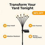 Arenzza SolarLight solar-powered garden lights illuminating a garden at night with firefly-inspired LED glow.