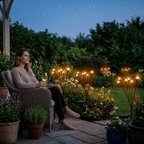 Aarenza SolarLight solar-powered garden lights illuminating a landscaped outdoor space at dusk.