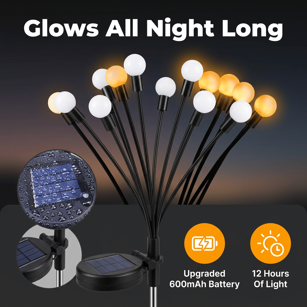 Arenzza SolarLight solar-powered garden spotlight illuminating a garden pathway with a sleek black design and adjustable head.