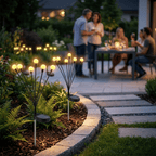 Agarden illuminated by Arenzza SolarLight solar-powered garden lights, featuring a relaxing outdoor space with multiple lights in use.