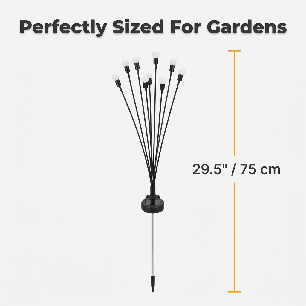 A diagram showing the 9-dimensional size specifications of Arenzza SolarLight solar-powered garden lights.