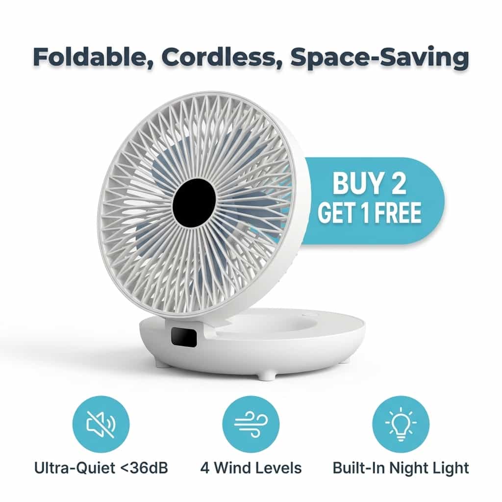 Arenzza EasyBreeze™ portable cooling unit with integrated night light, showing a sleek device with adjustable vents and LED illumination.