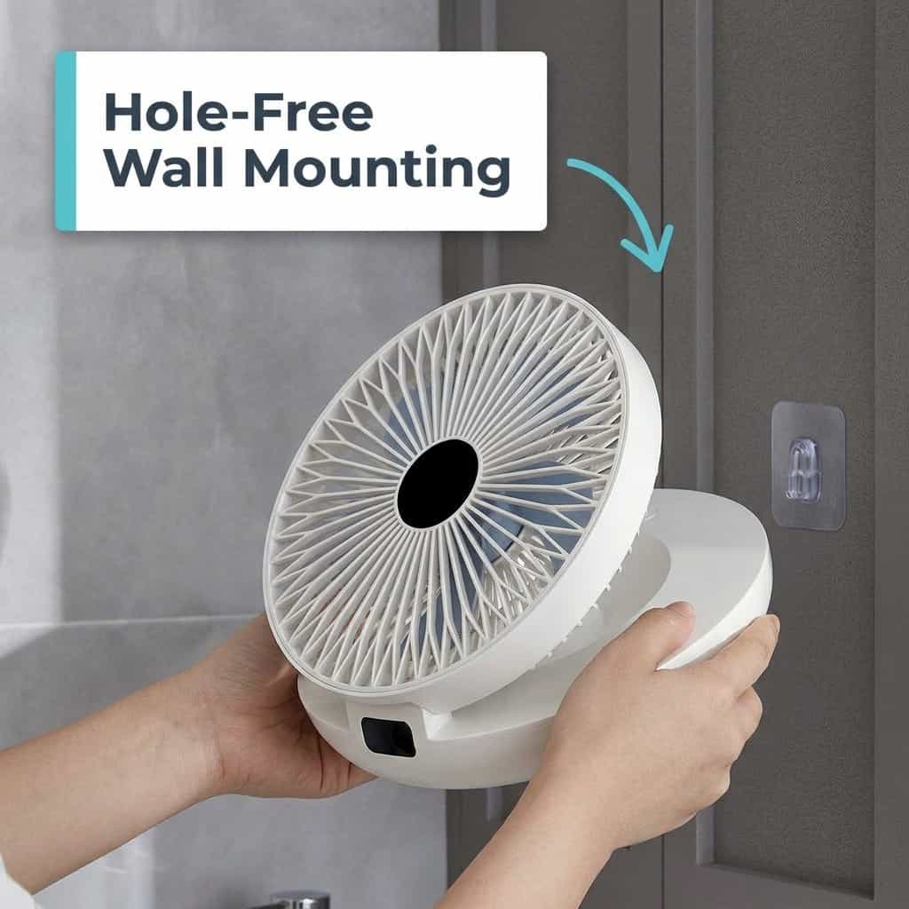 Close-up of the Arenzza EasyBreeze™ portable cooling device with built-in night light, showing its sleek design and control buttons.