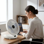 Aarenza EasyBreeze portable cooling unit with integrated night light, shown in a modern living room setting, providing quiet comfort.