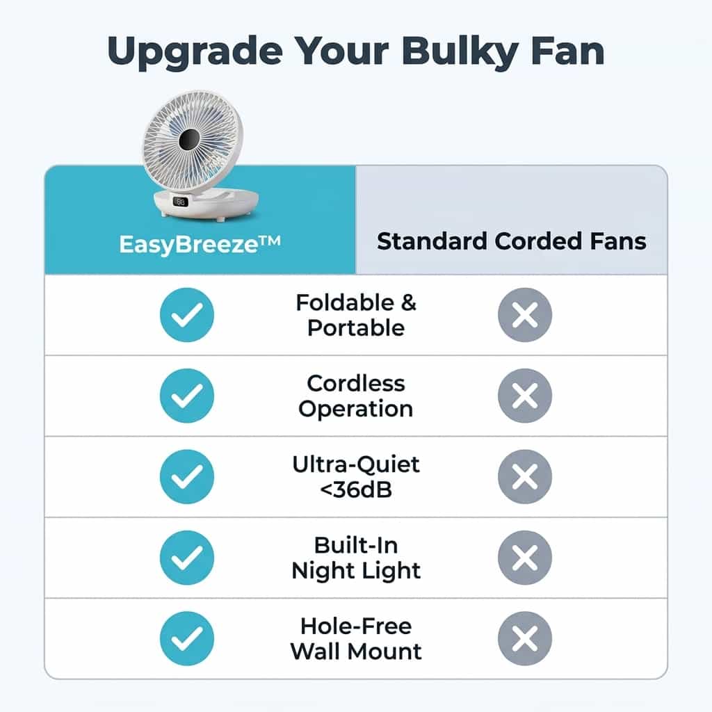 Comparison table for Arenzza EasyBreeze™ portable cooling with night light, showing features and specifications.