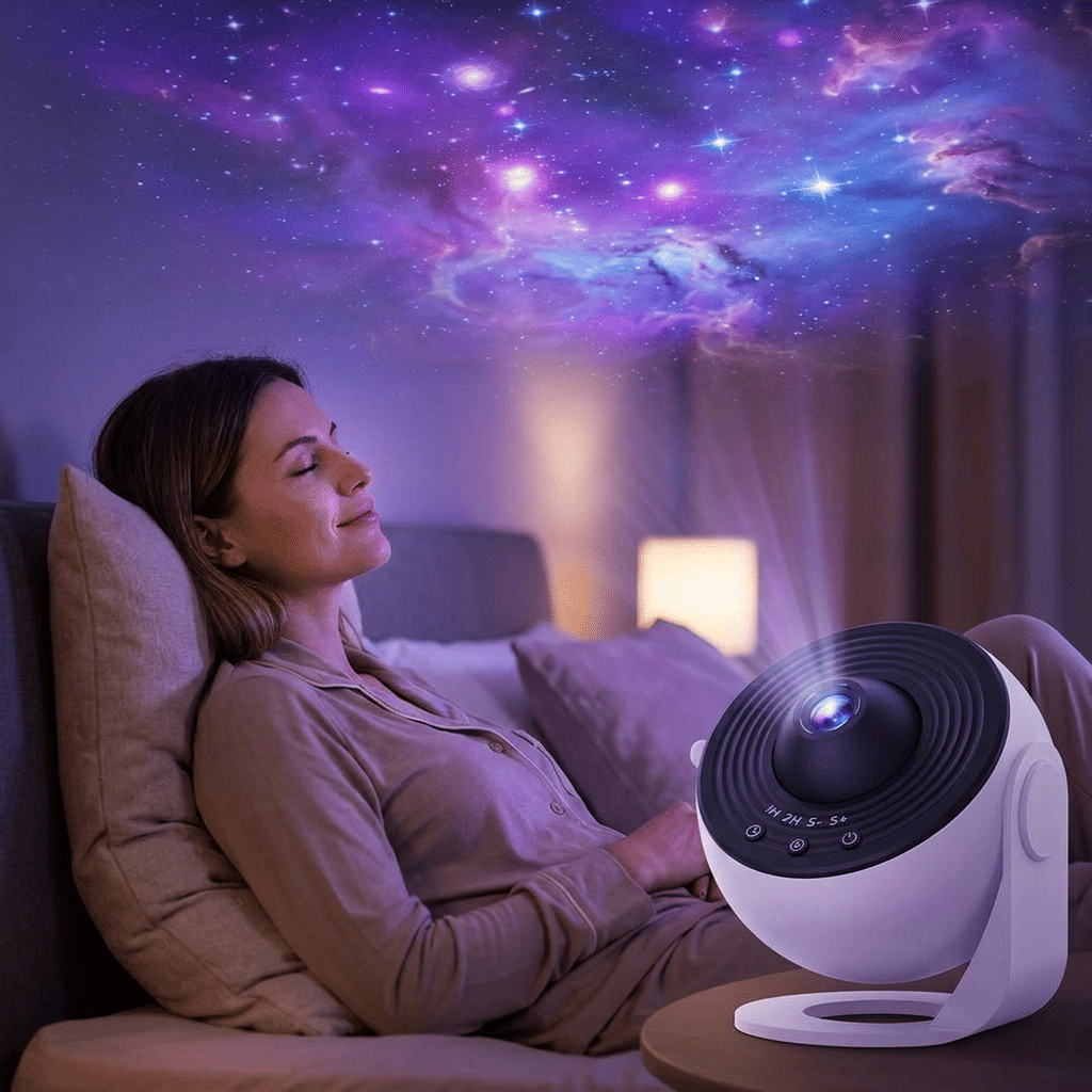 Arenzza HD Galaxy Star Projector displaying a calming starry night sky in a peaceful bedroom setting.