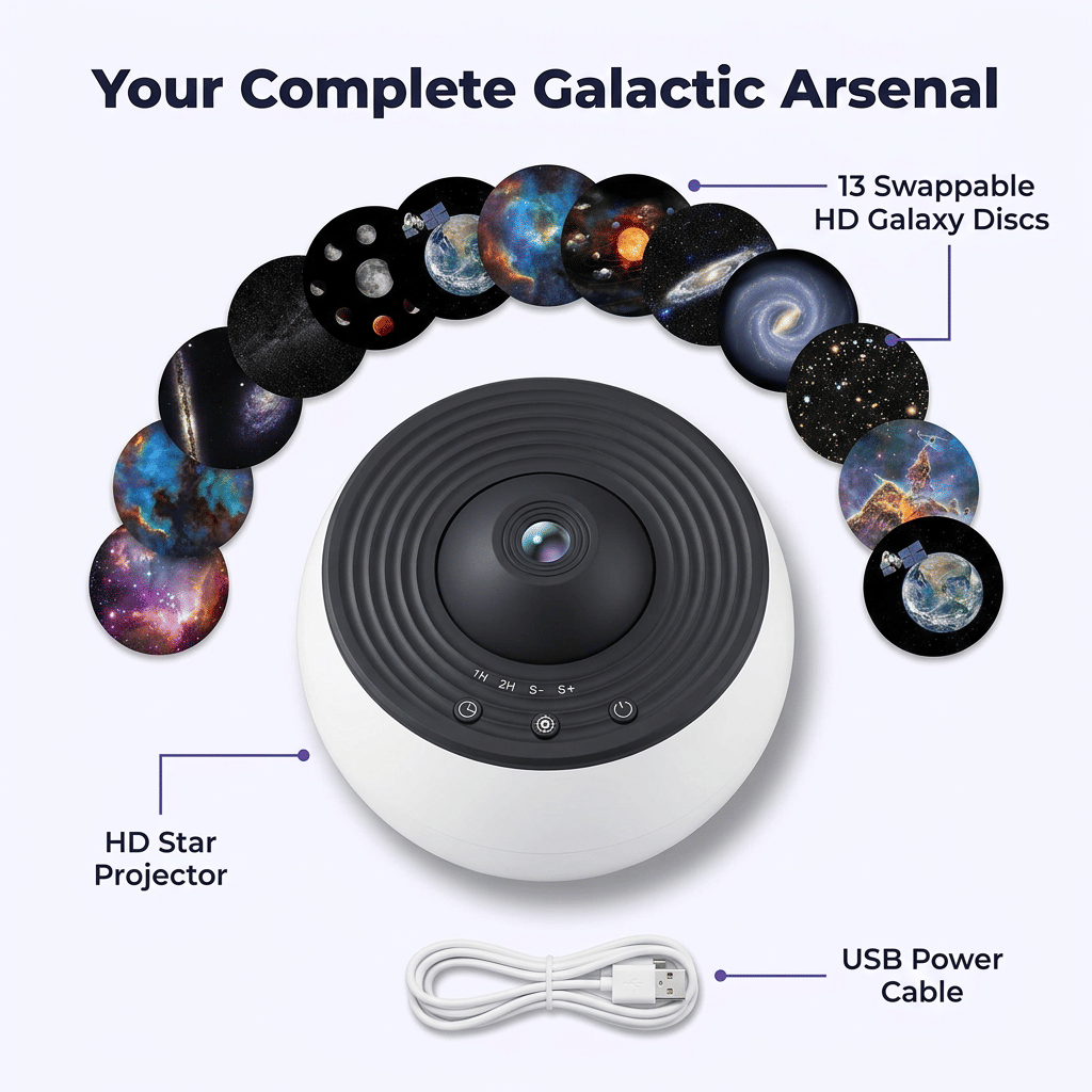 Arenzza HD Galaxy Star Projector with silent operation, shown alongside five included accessories for a calming sleep environment.