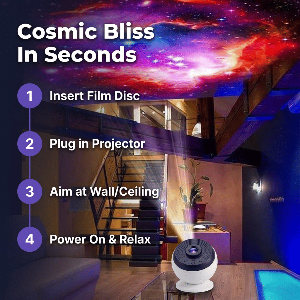 Arenzza HD Galaxy Star Projector displaying star patterns on a wall, designed for silent operation to create a calming sleep environment.