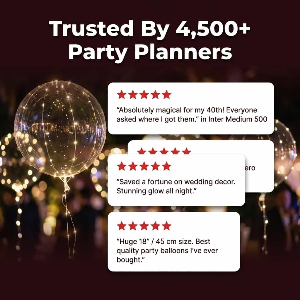 Arenzza LED decorative party balloons in various colors, arranged on a social proof wall for festive celebration ambiance.