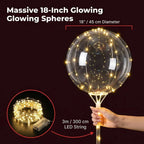 A diagram showing size options for Arenzza LED decorative party balloons, highlighting different balloon dimensions.