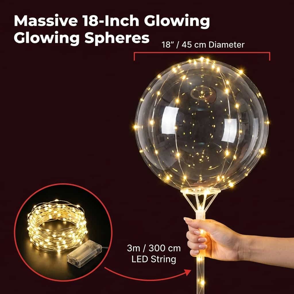 A diagram showing size options for Arenzza LED decorative party balloons, highlighting different balloon dimensions.