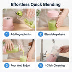 Arenzza portable travel blender blending ice and fruit, showing step-by-step process for making smoothies on the go.