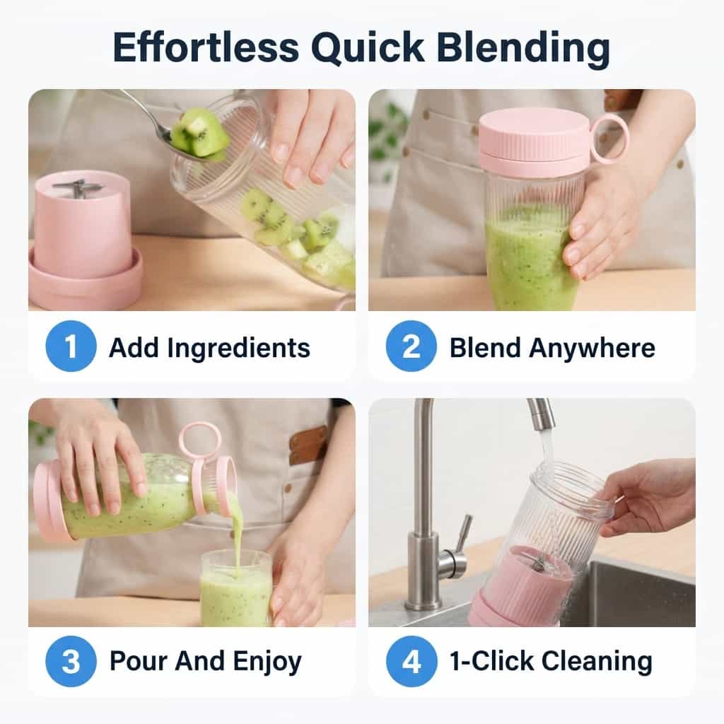 Arenzza portable travel blender blending ice and fruit, showing step-by-step process for making smoothies on the go.