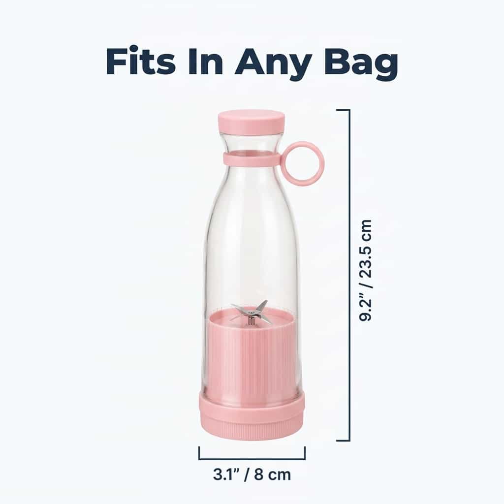 Arenzza portable travel blender with 9-dimension size diagram, showcasing compact design for blending ice and fruit on the go.