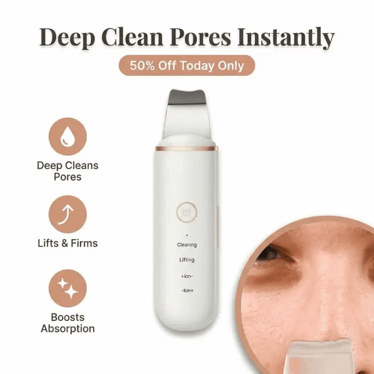 Arenzza SonicClean™ ultrasonic skin cleanser device with a sleek design, ready for use on facial skin for deep cleansing.