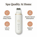 Arenzza SonicClean™ Ultrasonic Skin Cleanser with LED lights, showing the device with a sleek design and exfoliating head.