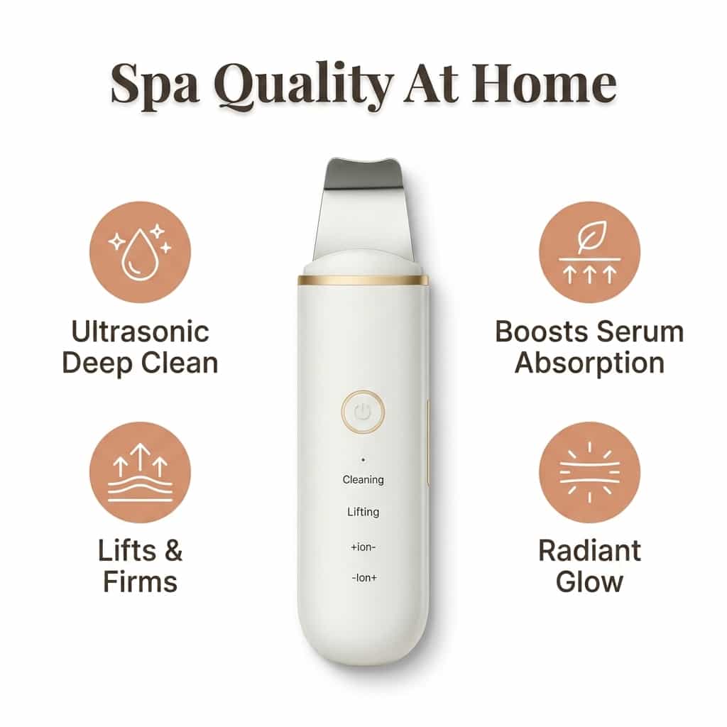 Arenzza SonicClean™ Ultrasonic Skin Cleanser with LED lights, showing the device with a sleek design and exfoliating head.