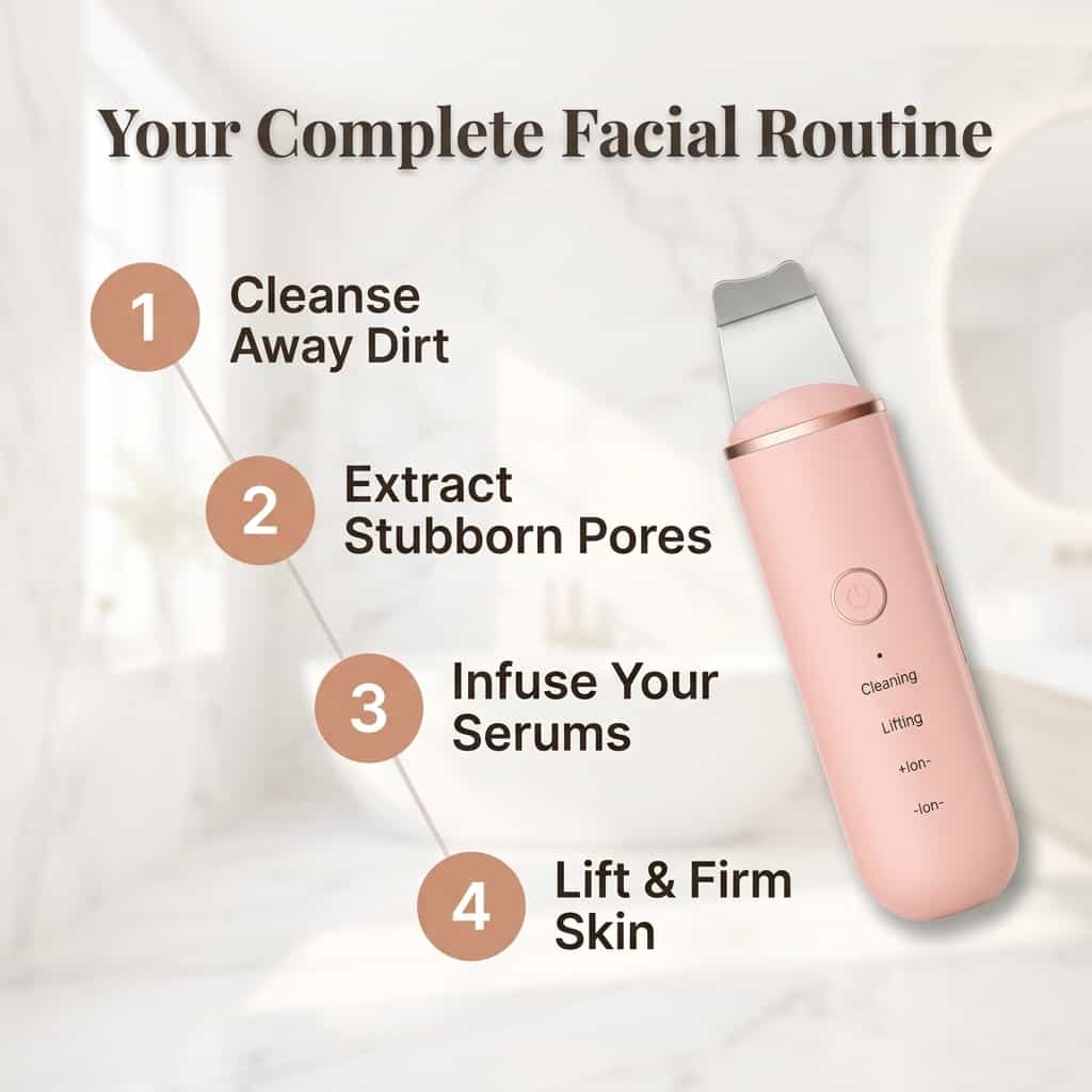 A close-up of the Arenzza SonicClean™ ultrasonic skin cleanser showing its sleek design and numbered step indicators for use.