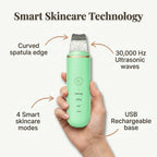 Arenzza SonicClean™ ultrasonic skin cleanser with seven benefit callouts displayed on a sleek white device.