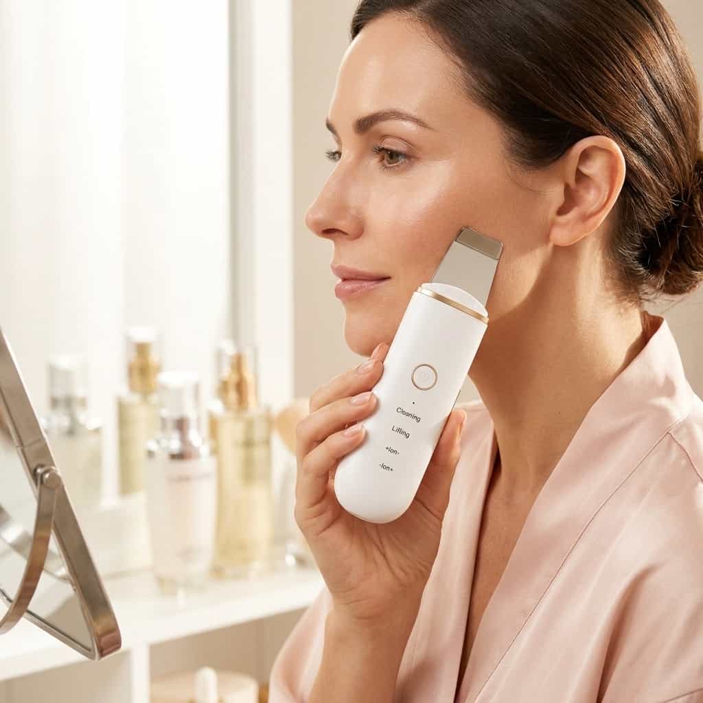 A person using the SonicClean™ Ultrasonic Skin Cleanser by Arenzza on their face in a bathroom setting.