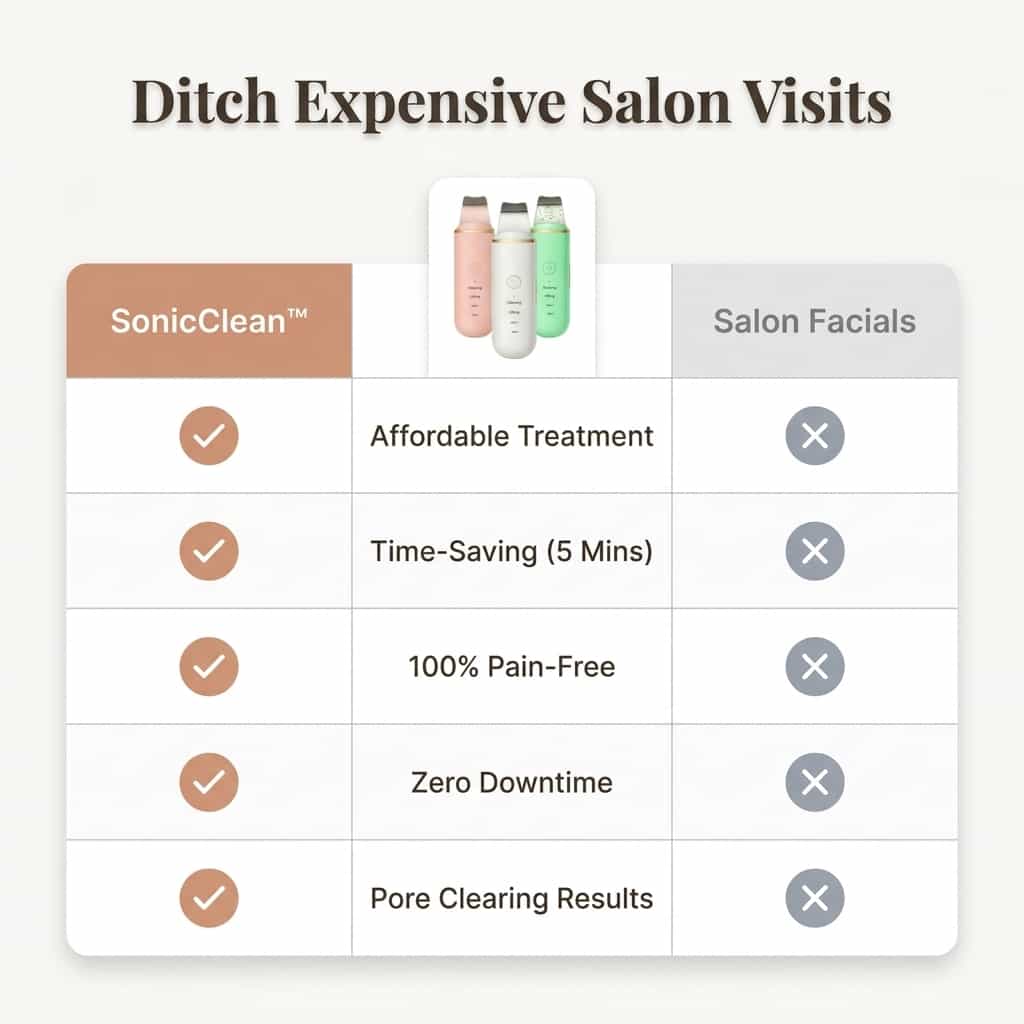 Comparison table for Arenzza SonicClean™ Ultrasonic Skin Cleanser showing features and benefits.
