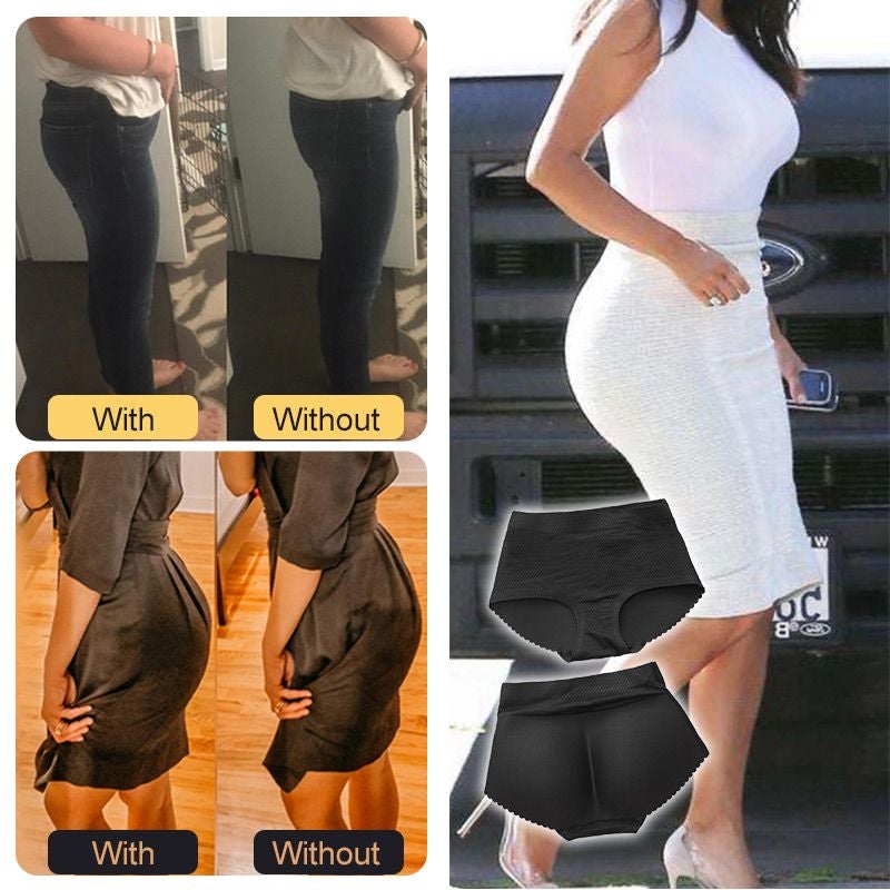 A pair of Arenzza women pull-up padding panties in black and nude, designed for comfort and shaping, shown on a model.