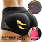 A pair of Arenzza women's pull-up padding panties in black and nude, featuring seamless design for comfort and a smooth fit.