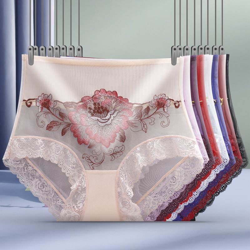 A pair of high waist lace embroidered women's underwear from Arenzza, featuring delicate floral lace design and comfortable fit.