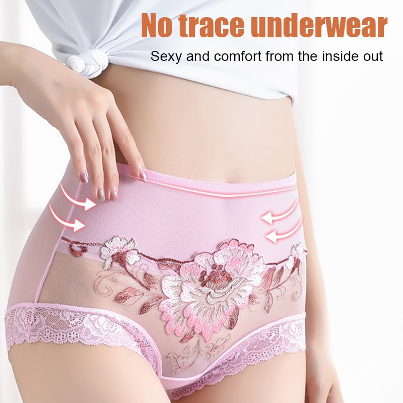 A pair of high waist lace embroidered women's underwear from Arenzza with intricate floral lace details.
