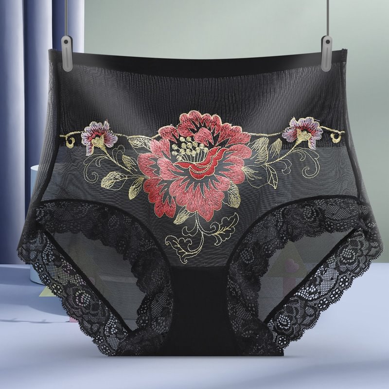 A pair of high waist lace embroidered women's underwear by Arenzza, featuring intricate lace details and a comfortable fit.