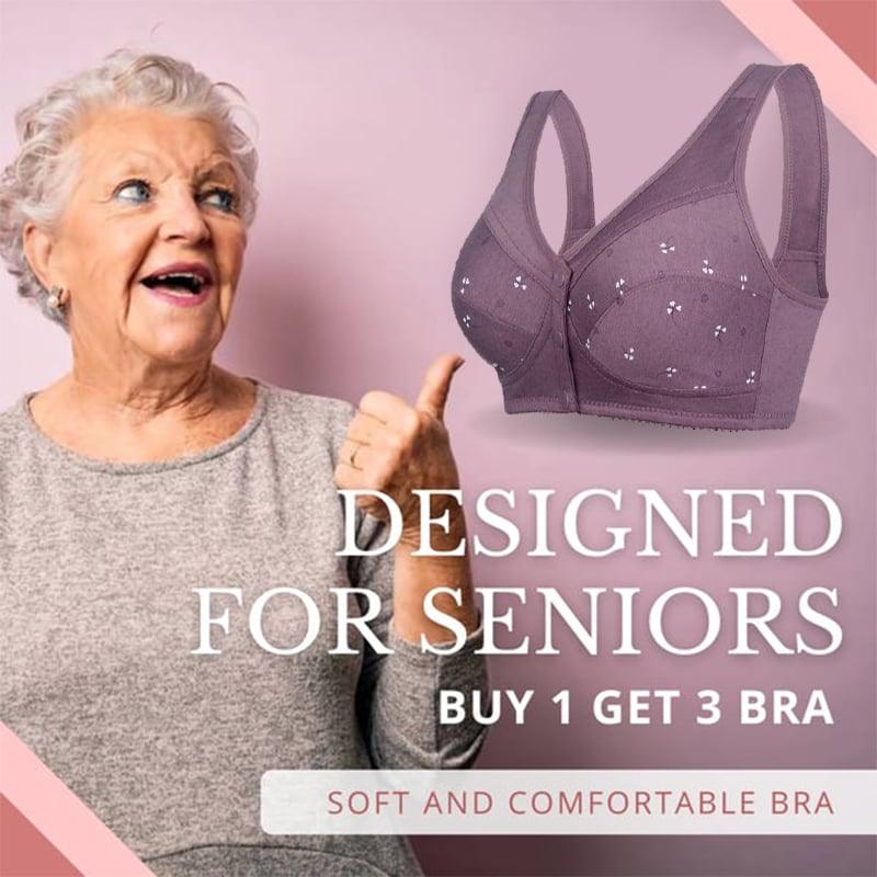 Three Arenzza women's front closure cotton bras, senior design, comfortable undergarments, with soft fabric and secure fit.