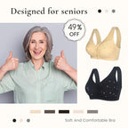 Three Arenzza women’s cotton front-closure bras in white, featuring comfortable design for seniors, with soft fabric and supportive fit.