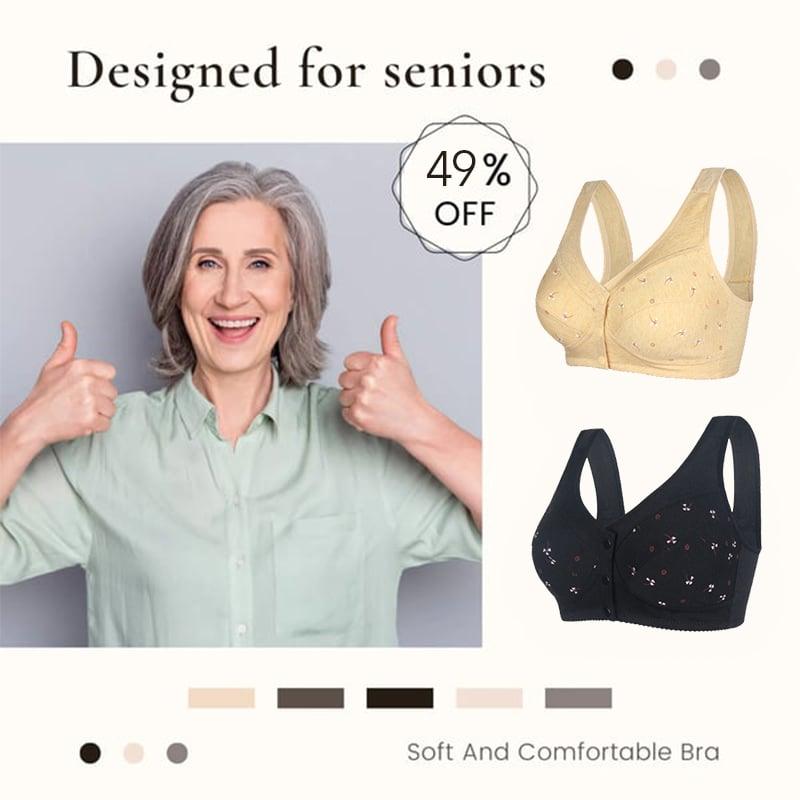 Three Arenzza women’s cotton front-closure bras in white, featuring comfortable design for seniors, with soft fabric and supportive fit.