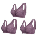 Three packs of Arenzza women's front closure cotton bras, comfortable senior-designed underwear with supportive fit.