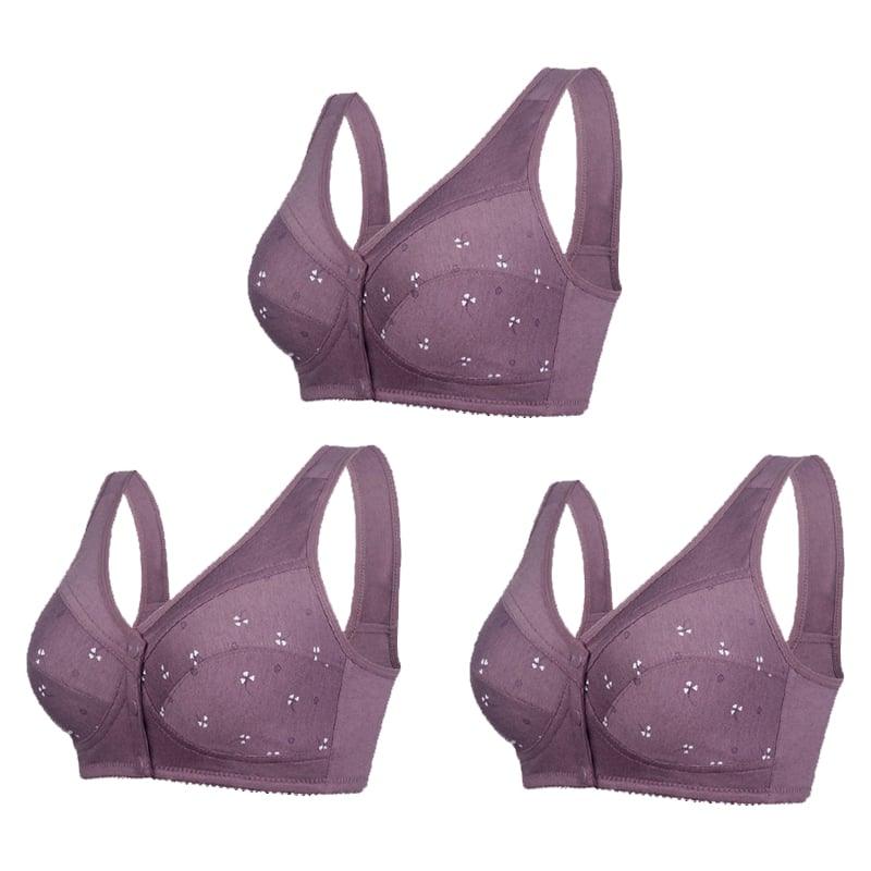 Three packs of Arenzza women's front closure cotton bras, comfortable senior-designed underwear with supportive fit.