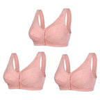 Three packs of Arenzza women's senior front closure cotton bras in white, showing soft fabric and comfortable design.